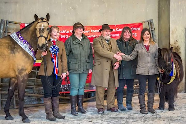 Reserve Supreme Champion - Orkney's Diamond Sunrise with Amanda Slater, Judges Jem Roberts, Bruce Wilcox, June Brown and Elaine Tait with Supreme Champion - Merkisayre Juniper